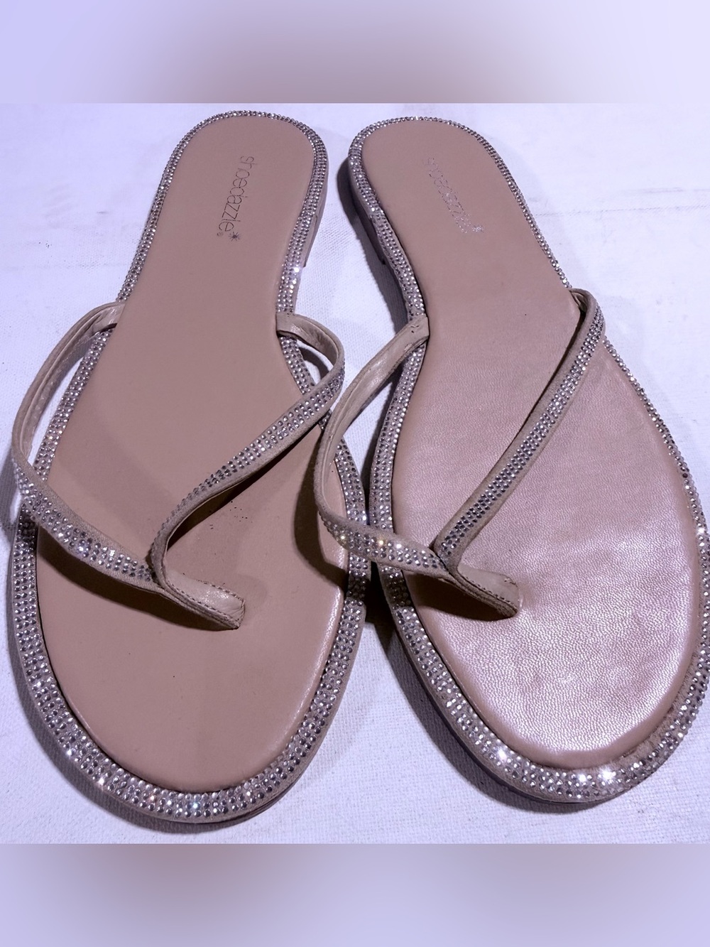 Shoe Dazzle Beige Rhinestone Toe-Loop Sandals